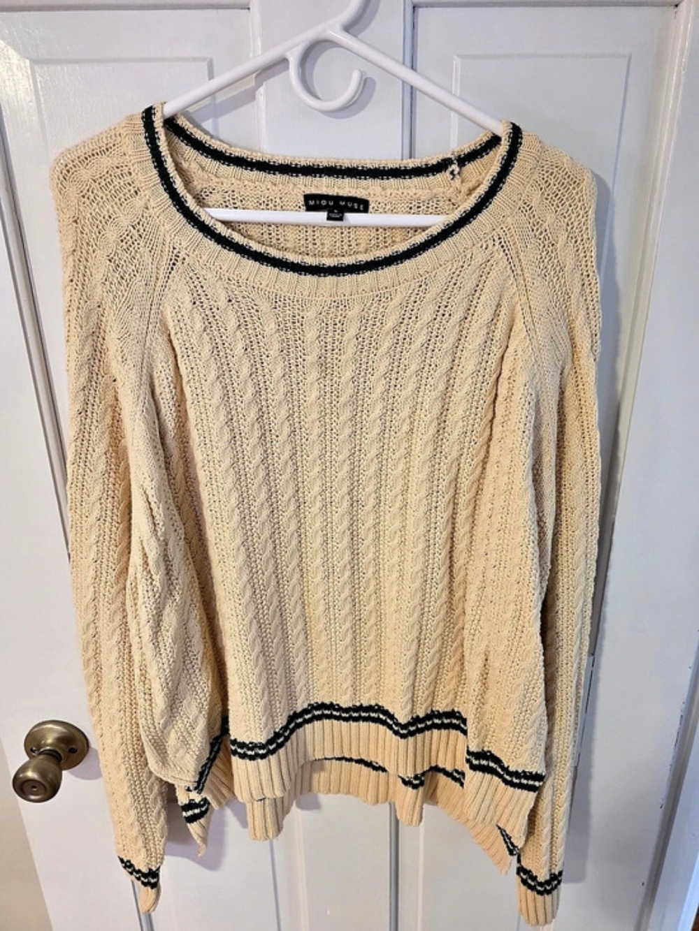 Miou Muse Cable Knit Scoop Neck Sweater in Beige
